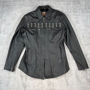Harley Davidson Jacket Womens Large Black Leather Chain Detail Biker Moto Gothic